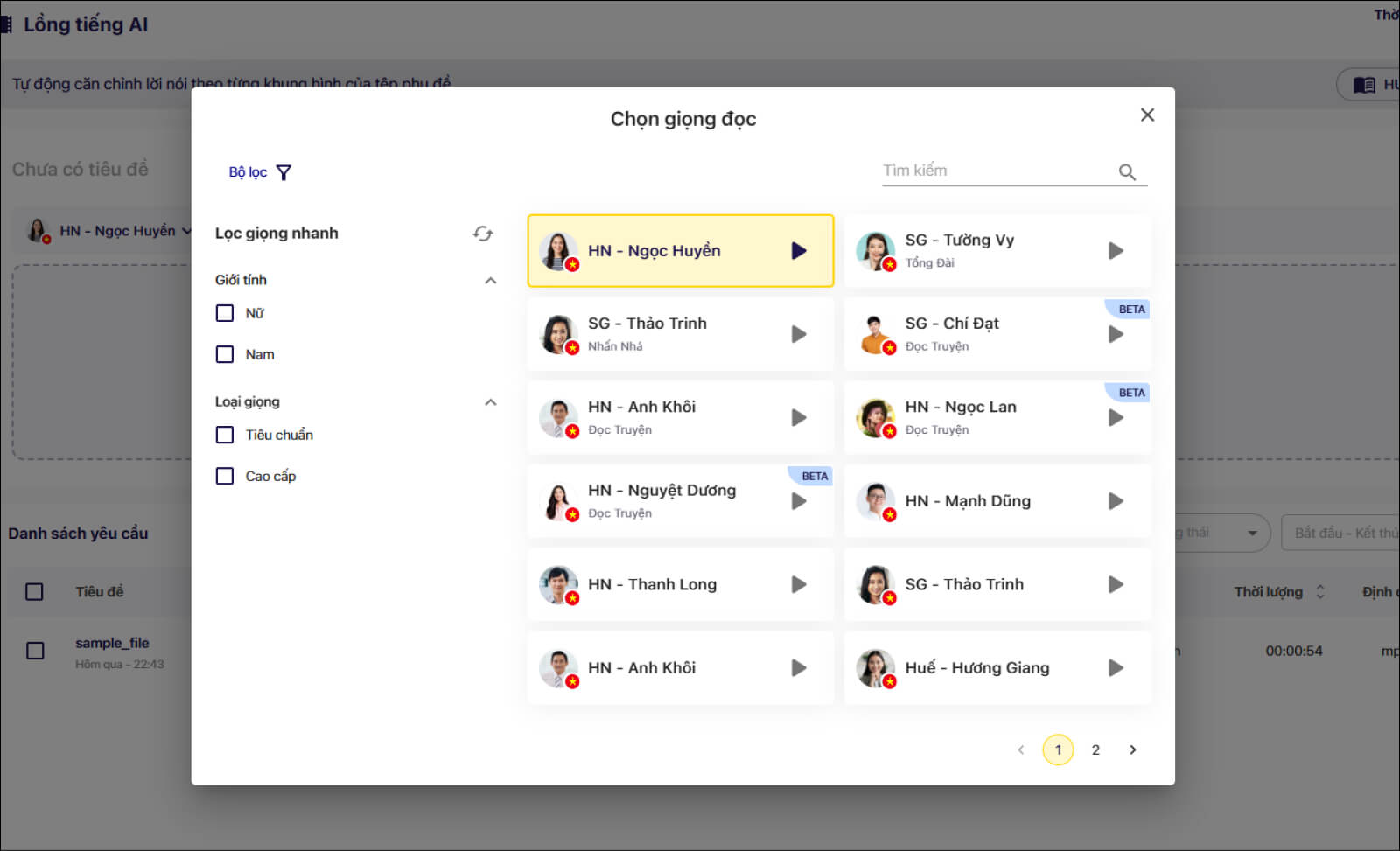 Chọn giọng mẫu lồng tiếng AI